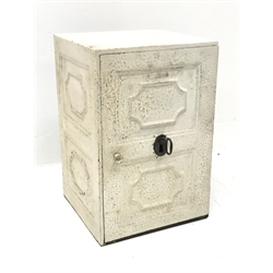 Small Victorian cast iron safe, the single door and sides with moulded decoration, interior fitted with documents division and small drawer, with key, W30cm, HH46cm, D30cm