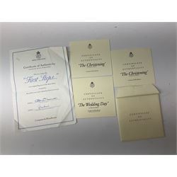 Six Royal Worcester figures, comprising The Wedding Day, New Arrival, The Christening, First Steps, Once Upon a Time and Sweet Dreams, all with printed marks beneath 