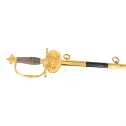British Victorian court sword, for members of the Royal Household, by W.K & C of Solingen and retailed by Besch of Hanover St London, the 80cm blade etched to both side, the single bar hilt of gilt brass with Queens' crown pommel and downturned shell guard with the monogram of Queen Victoria, the wooden grip covered with silver wire, within leather scabbard with three gilt brass mounts and twin suspension rings, overall L96cm   