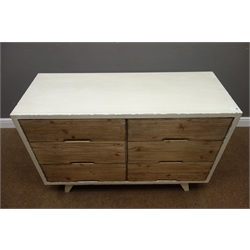  Rustic waxed painted and wood finish pine six drawer chest, W120cm, H80cm, D46cm  