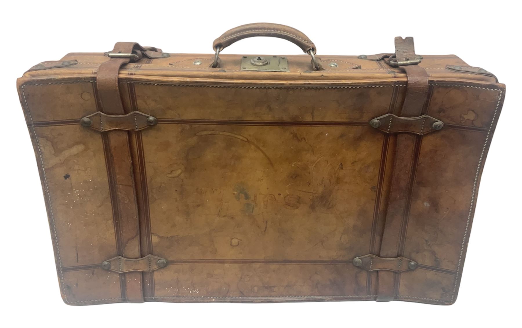 Late 19th/early 20th century stitched and studded leather portmanteau type suitcase with expanding lid and straps, L61cm