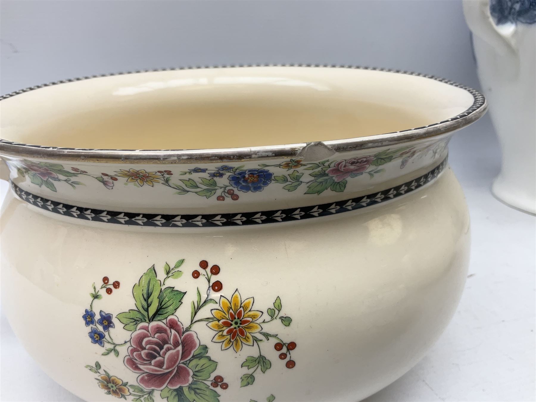 Early 20th Century Lonsdale Cetem Ware blue and white wash jug, chamber pot, vase etc, tallest H30cm, together with two other chamber pots