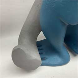 Helen Skelton (British 1933 – 2023): Carved wooden abstract figure, modelled as a contorted man painted in blue and grey tones, H40cm. Born into an RAF family in 1933 in Kent and travelled the world extensively during her childhood. After settling in Bridlington, Helen immersed herself in painting, textiles, and wood sculpture, often inspired by nature's beauty. Her talent was showcased in a one-woman show at Sewerby Hall and recognised with the sculpture prize at Ferens Art Gallery in 2000. Sadly, Helen’s daughter passed away from cancer in 2005. This loss inspired Helen to donate her sculptures to Marie Curie upon her passing in 2023.
