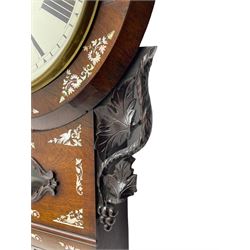 Joseph Critchley of Liverpool -  early 19th century twin fusee 8-day rosewood and mother of pearl inlaid drop-dial wall clock c1820, inlaid circular wooden dial surround with carved ears representing grapes and vine leaves, glazed box with a scroll carved surround, curved base and pendulum adjustment door, 14” painted dial with Roman numerals, minute track, and pierced steel hands within a cast brass bezel and flat glass, dial pinned to a four pillar chain driven fusee movement striking the hours on a bell. With pendulum and key.