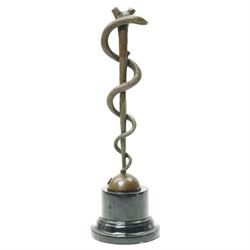 Bronze of the Staff of Asclepius with foundry mark on marble base H38cm