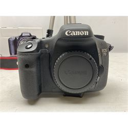 Canon Eos 7D camera body, serial number 3261306344, with 'Canon Ultrasonic EF 24-105mm Macro 0.45m/1.5ft Ultrasonic' Lens, 'Canon Zoom EF 75-300, 1;4-5.6 III' lens and Teleplus Pro 300 lens, together with tripod and original camera box 