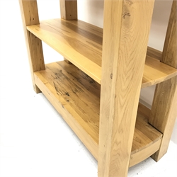 Solid light oak 6’ open bookcase, curved sides, W100cm, D41cm, H196cm