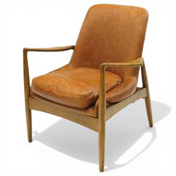 Mid-century design teak open easy armchair with brown leather upholstery, with shaped oak ...