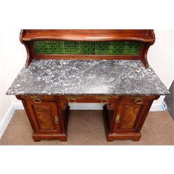 Victorian walnut kneehole washstand, raised carved back with mirror and tiled splash back, grey marble top above three burr front drawers and two doors with brass handles, on bracket feet, W123cm,  D56cm, H170cm  