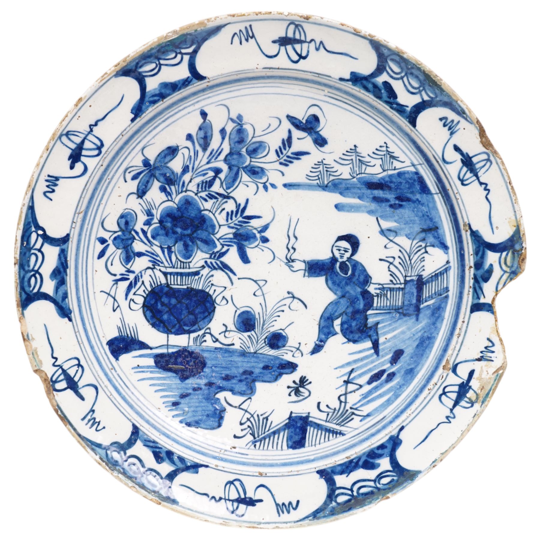 18th century English Delft dish, possibly Lambeth decorated with Chinese figure in a landscape D35cm