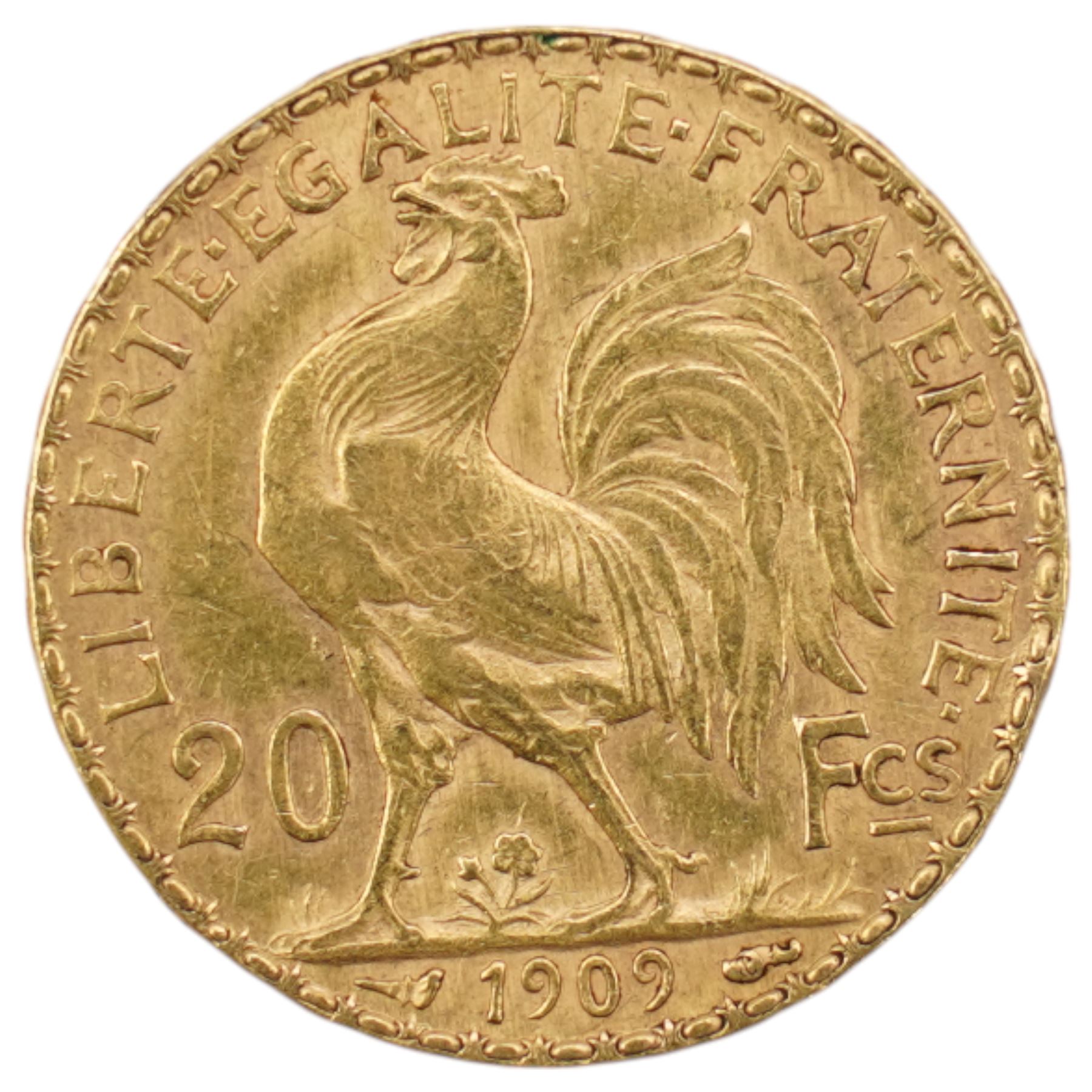 French 1909 gold twenty francs coin