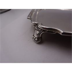 1930s silver tray, of square form with shaped canted corners and stepped rim, upon four bracket feet, hallmarked Frank Cobb & Co Ltd, Sheffield 1936, W31cm