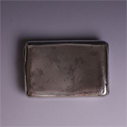1930s silver cigarette case, of curved rectangular form with engine turned decoration and vacant cartouche, hallmarked Joseph Gloster Ltd, Birmingham 1934 and a 1930s silver sweetheart compact with engine turned decoration and enamel Royal Engineers crest, hallmarked Crisford & Norris Ltd, Birmingham 1939, cigarette box L12cm, H8cm