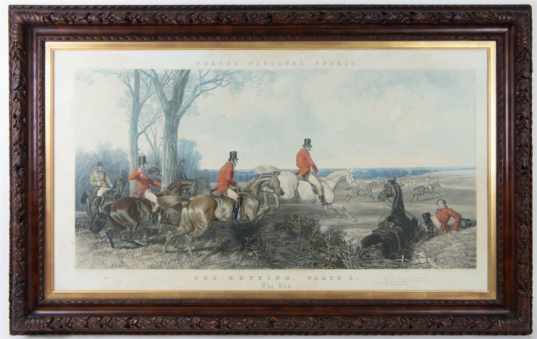 John Frederick Herring Senior (British 1795-1865): 'Fox Hunting - The Meet, The Find, The Run, The Kill',  set of four elephant folio aquatints by J. Harris, from Fores's National Sports, housed in ornate carved frames, aquatints 63cm x 114cm, overall size 88cm x 140cm (4)