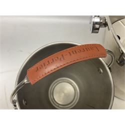 Stainless steel Laurent-Perrier champagne bucket, with engraved brass plaque and grip to swing handle, together with two matching smaller, largest D38cm (3)