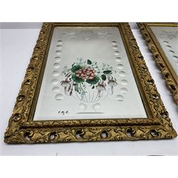 Pair of gilt framed wall mirrors, the etched bevelled plate painted with a vase of flowers, H61cm