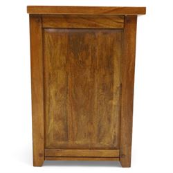 Two hardwood bedside chests,  of rectangular form, fitted with three drawers with recessed brass handles, panelled sides, and flush top, W55xD40xH68cm & W45D45xH68cm 