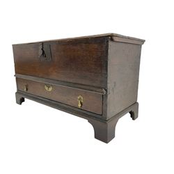 18th century and later oak mule chest, rectangular hinged top wrought iron lock and fittings, fitted with single drawer to base, lower moulded edge over bracket feet
