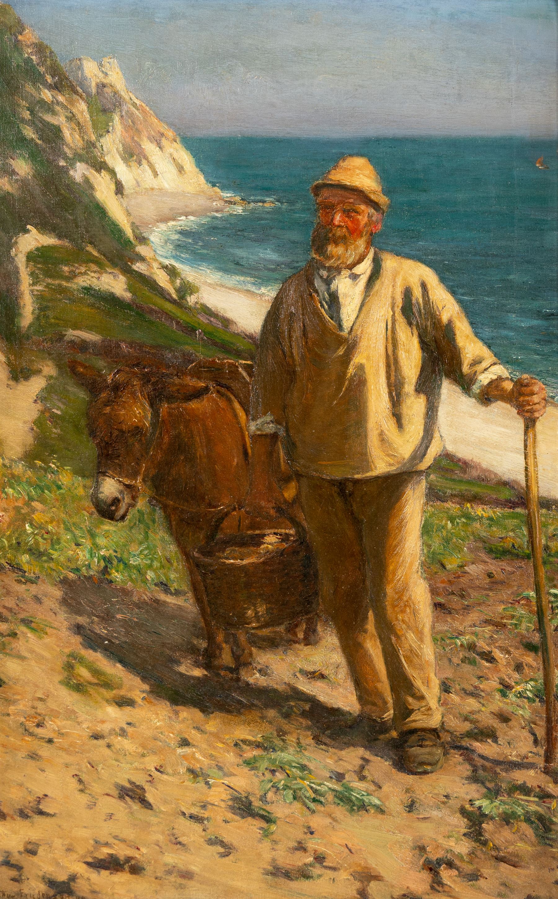 Arthur A Friedenson (Staithes Group 1872-1955): Man and Donkey on the Clifftop, oil on canvas signed and dated '99, 58cm x 37cm