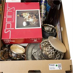 Collection of metal ware and kitchenalia, including a set of cloisonne napkin rings, carved wooden items, boxed Irish coffee set, WMF kitchen plate etc