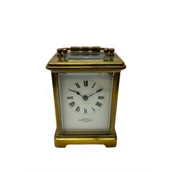 A Corniche cased 20th century timepiece carriage clock retailed by Mappin & Webb, with a white enamel dial , Roman numerals, spade hands and minute markers, four bevelled glass panels and a rectangular panel to the top, with a lever platform escapement, balance with timing screws.