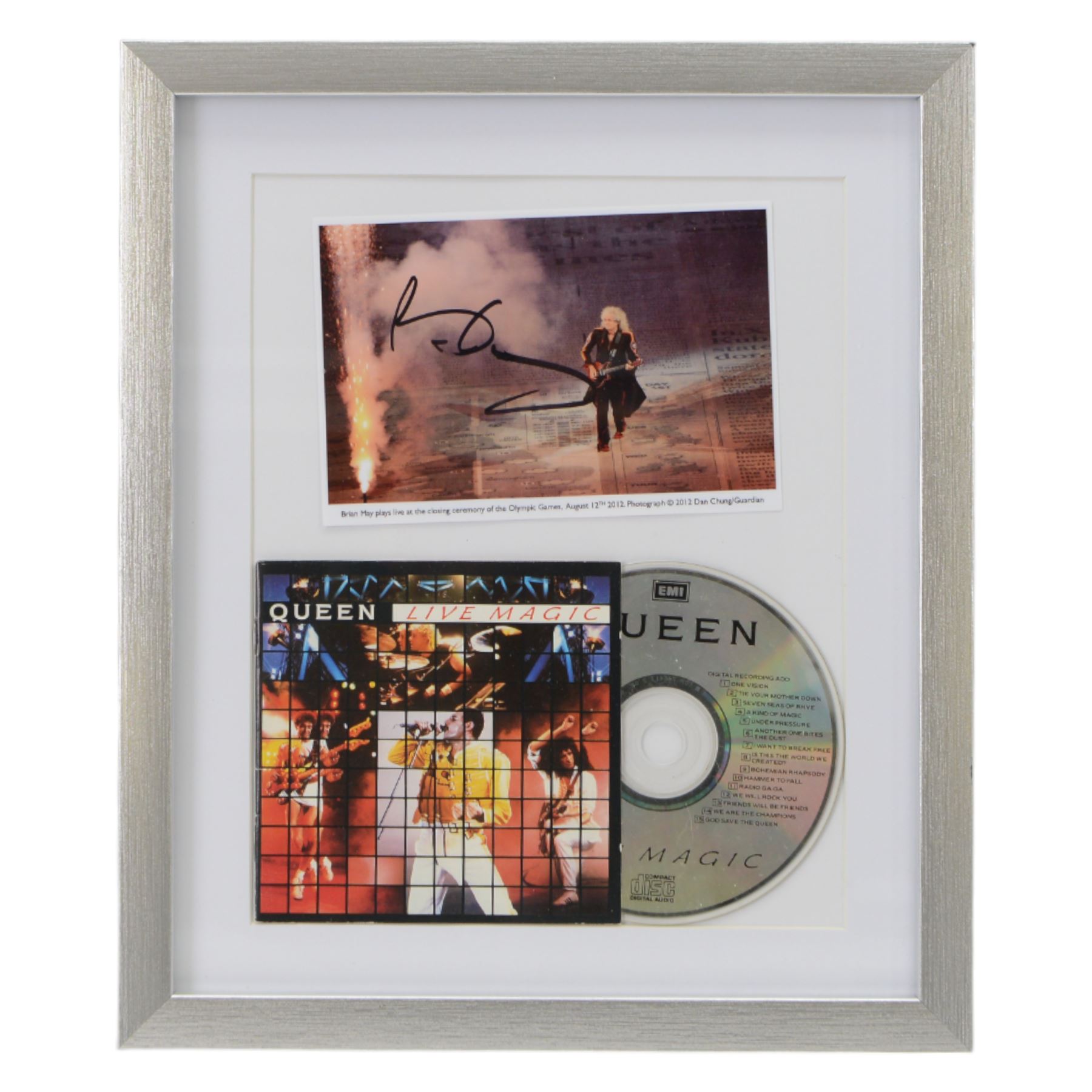 Brian May signed photograph framed together with Queen Live Magic CD, H33cm
