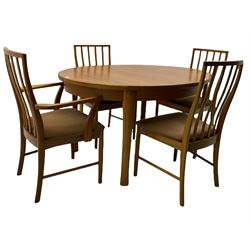 Mid 20th century oval teak dining table, extending with leaf, and four chairs