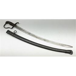 German mounted artillery sabre with 76cm curving fullered steel blade, langet stamped 1920 for Versailles Treaty, steel hilt with stirrup knuckle guard, single quillon, plain backstrap with 'ears' and leather grip, in original steel scabbard with single suspension ring L92cm overall
