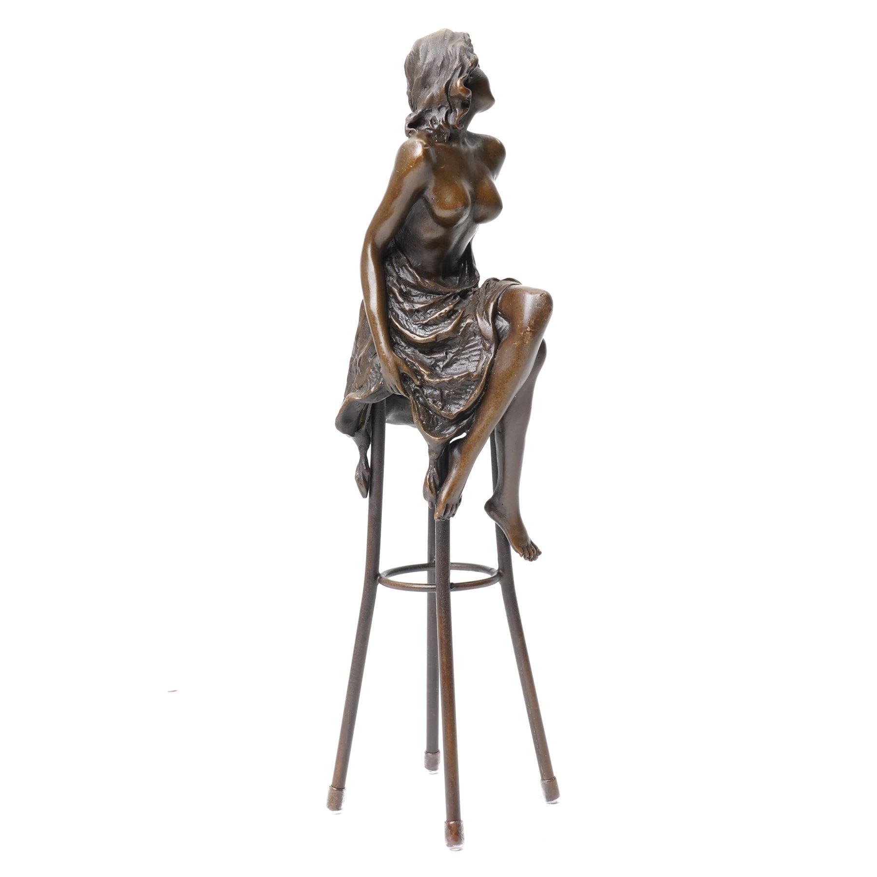 After Pierre Collinet - bronze modelled as a semi naked female figure, seated upon a chair, H27cm