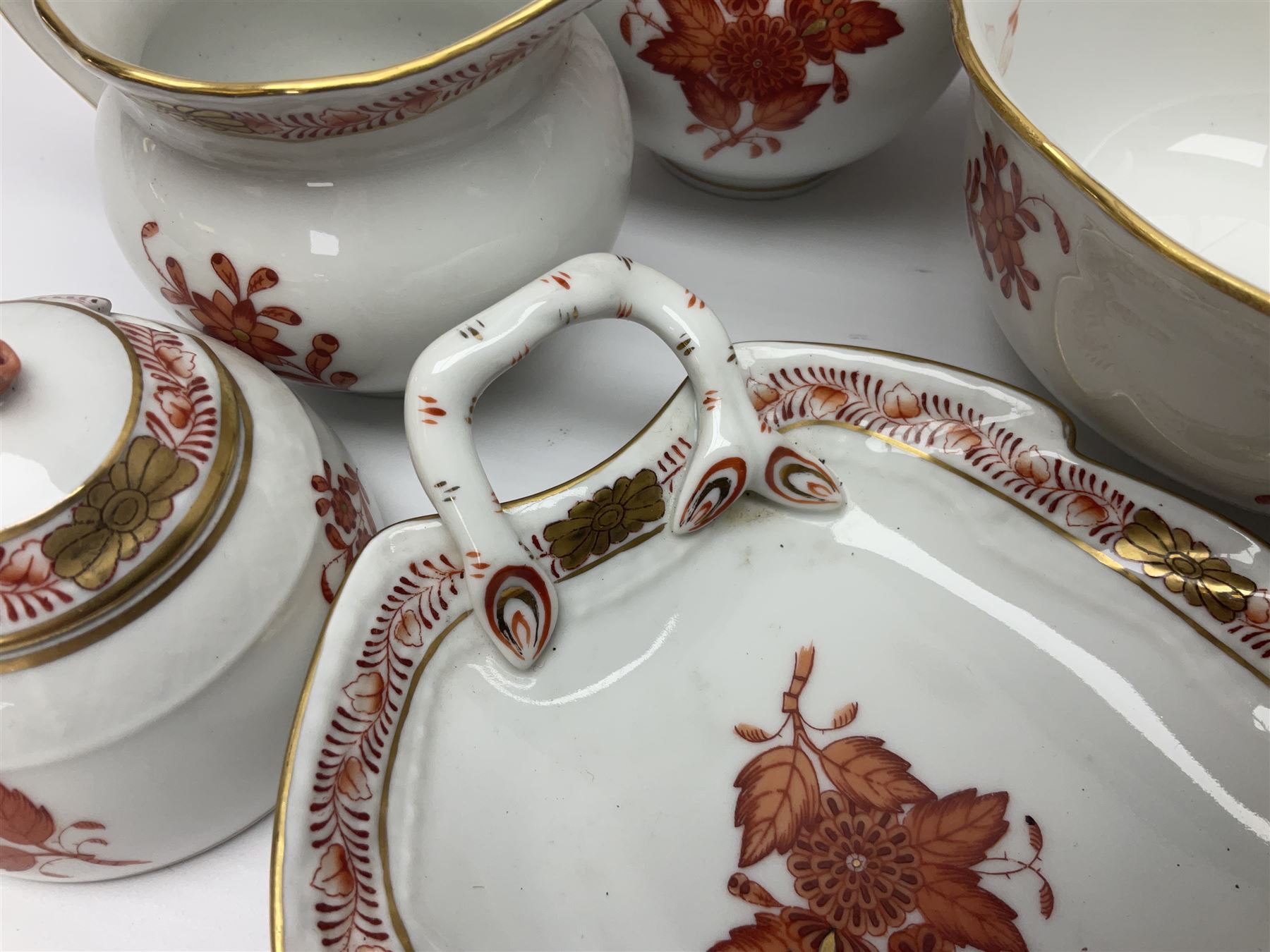 Herend Chinese Bouquet Rose pattern tea service comprising teapot, coffee pot, open sucrier, six cups and saucers, six tea plates, cream jug and stand, milk jug, two teabag holders, preserve pot, two leaf shaped dishes, four egg cups, salt & pepper pots, pair side plates and another plate