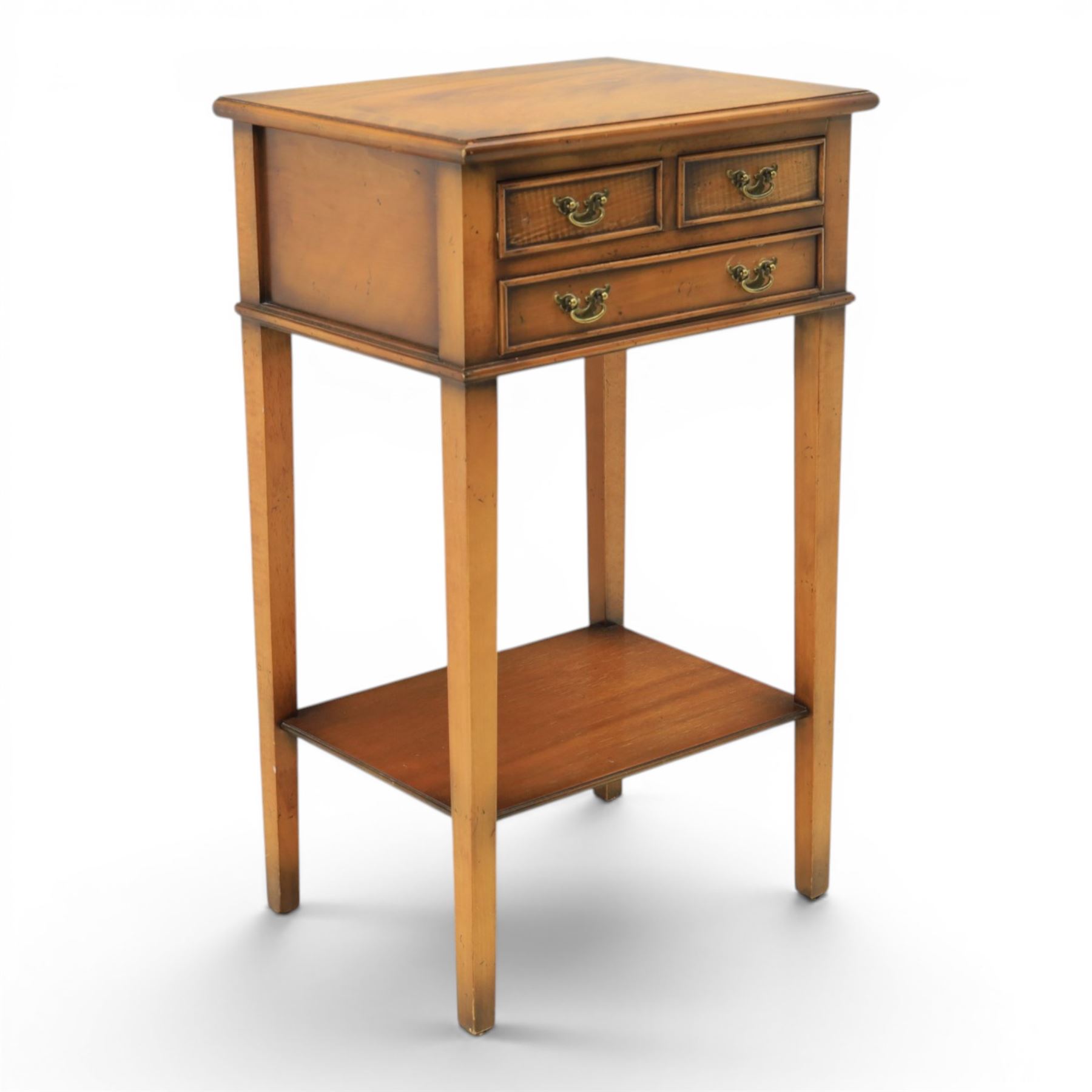 Georgian design mahogany lamp table, fitted with three small drawers, raised on square supports united by a full length undertier
