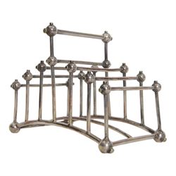 Christopher Dresser (1834-1904) for Hukin & Heath, silver plated six division bridge toast rack, circa 1880, Stamped makers marks and model number 2554, H12cm