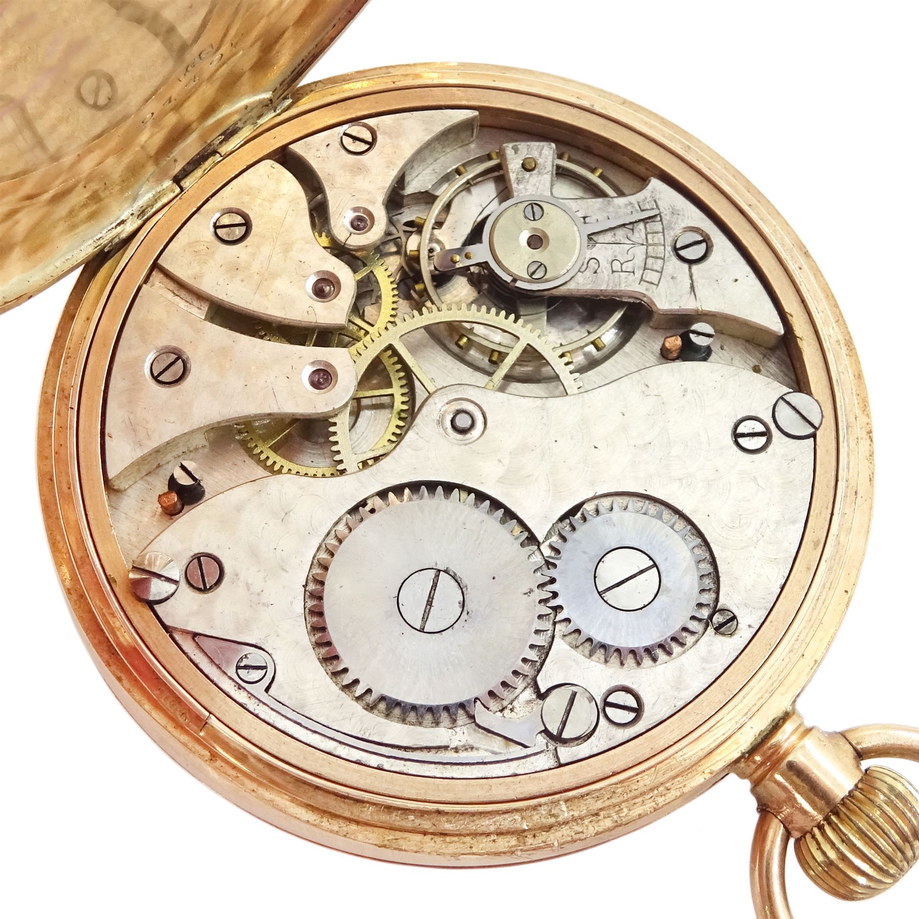 Early 20th century 9ct gold open face keyless lever pocket watch, white enamel dial with Roman numeral hour markers and subsidiary seconds dial, case by 	Stockwell & Co, London import mark 1925
