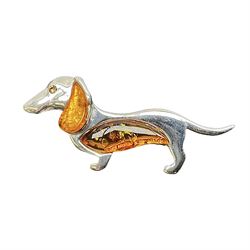 Silver amber dachshund brooch, stamped 925