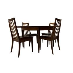 G-Plan - mid-20th century teak 'Fresco' extending dining table, circular top on tapered supports (W122cm H74cm); and Leslie Dandy for G-Plan - set six mid-20th century teak 'Fresco' dining chairs, high backs over tan leatherette seats (W46cm H91cm)