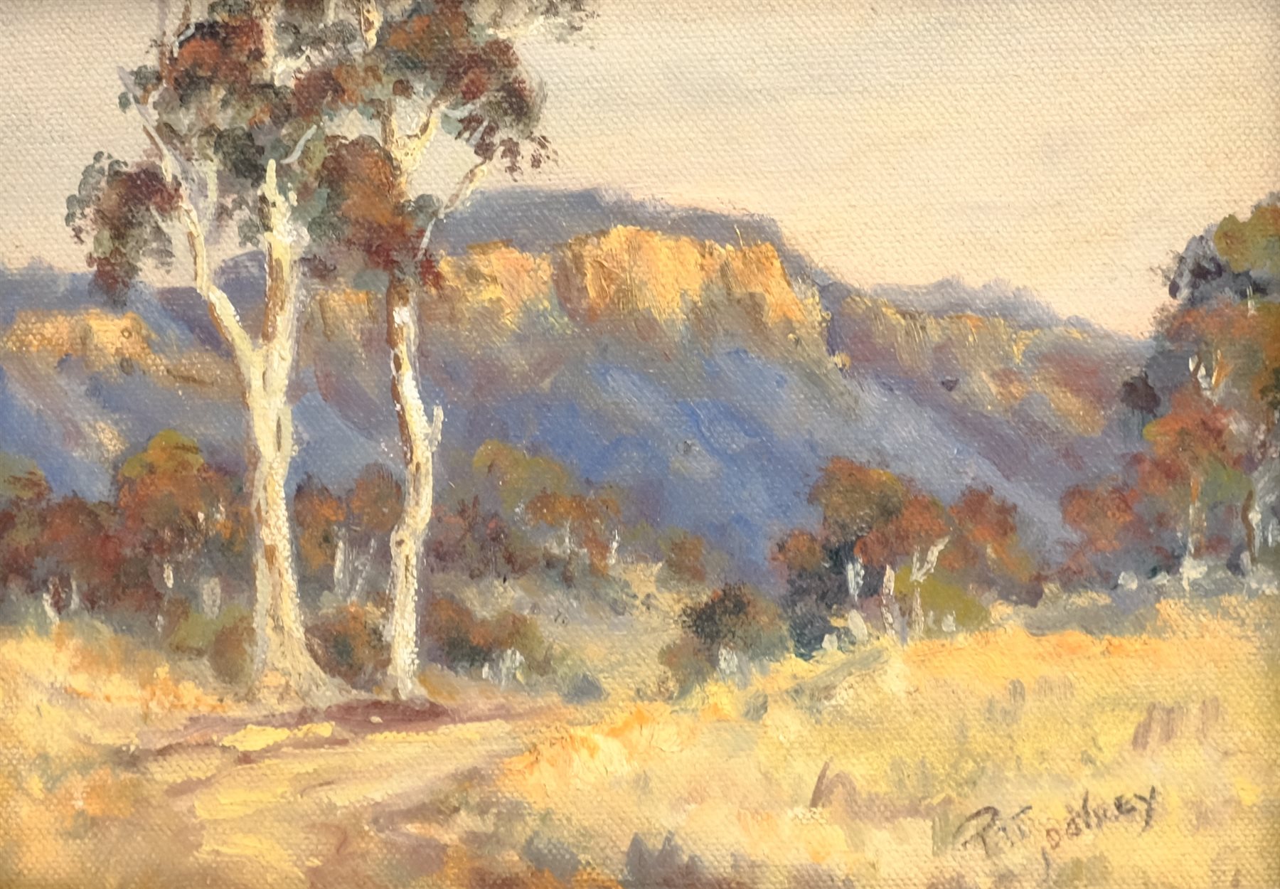 Pat Godfrey (Australian 1934-): 'Track in Megalong Valley' New South Wales, oil on board signed, titled on artist's studio label verso 14cm x 19cm; Blacke (Contemporary): Dark Skies, acrylic signed 20cm x 43cm (2)