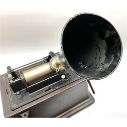 Edison Standard Phonograph with oak base (no cover), the reproducer marked 'Model C', serial no. 634857, last patent date Oct.1905, with black japanned conical horn L33cm; together with five cylinders