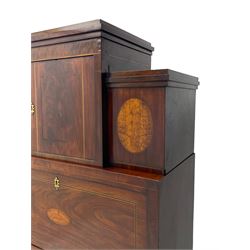 Early to mid-19th century figured mahogany Continental secrétaire à abattant, stepped top fitted with single cupboard, inlaid with oval figured amboyna panels, the fall front inlaid with shell motif enclosing a satinwood interior fitted with cupboard, drawers, and pigeon holes, three long drawers below, on square tapering feet