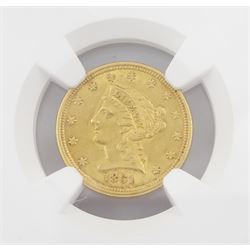 United States of America 1861 Liberty head type 2 gold two and a half dollar coin, encapsulated and graded MS60 by NGC