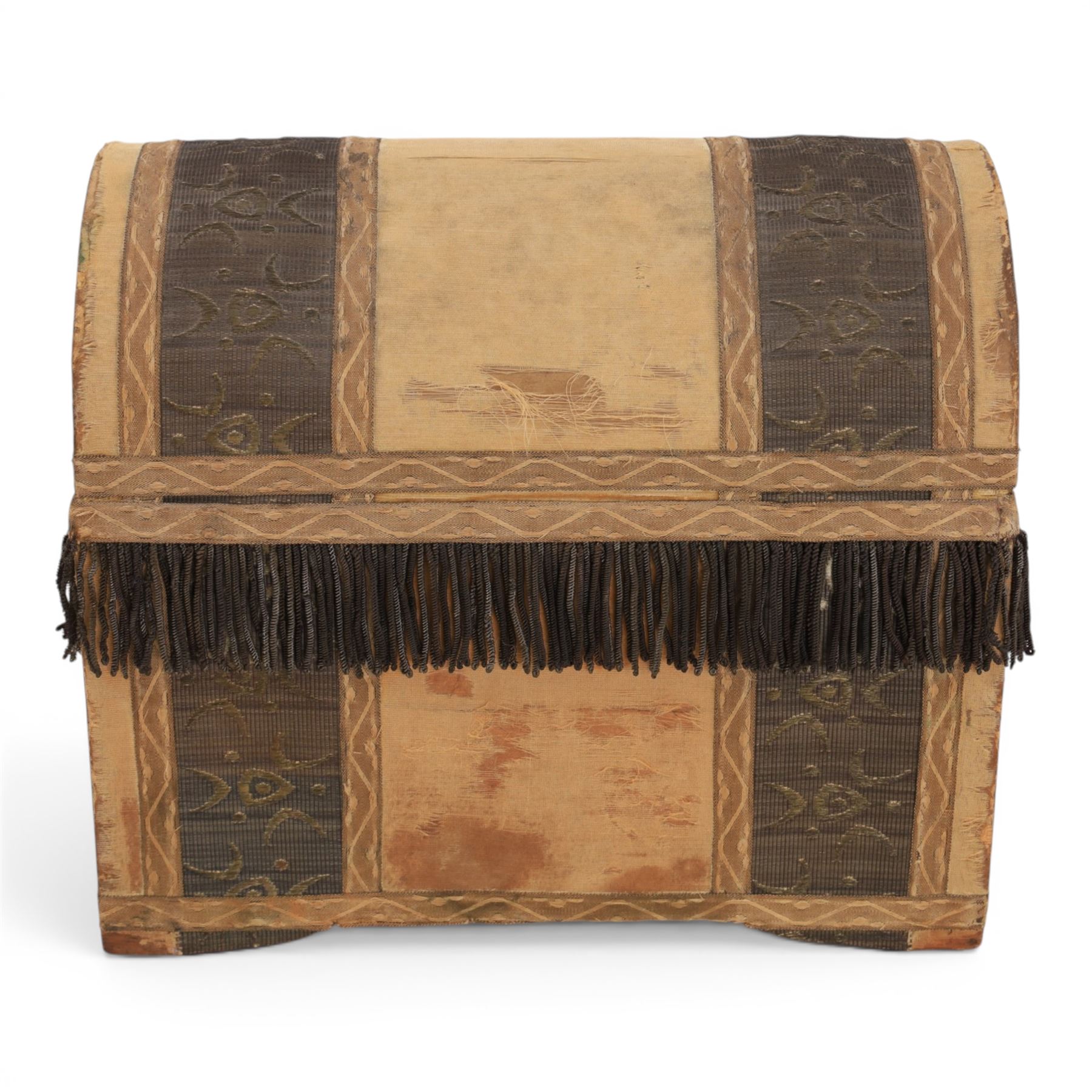 Late 18th heraldic dome-topped casket,  with embroidered covering and silver bullion trim, H26cm, L30cm 