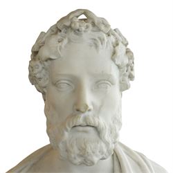 Aristide Louis Fontana (Italian 1834-1907): Grand Tour marble bust of a Roman emperor, probably inspired by portraits of Marcus Aurelius, portrayed with finely carved curled hair and beard beneath a grapevine wreath with trailing vine leaves and clusters of fruit, the draped shoulders and truncated chest raised upon a turned circular socle, signed to the reverse, H61cm; together with the associated faux marble pedestal of rectangular form, H94cm
Provenance: Kirkham Hall
