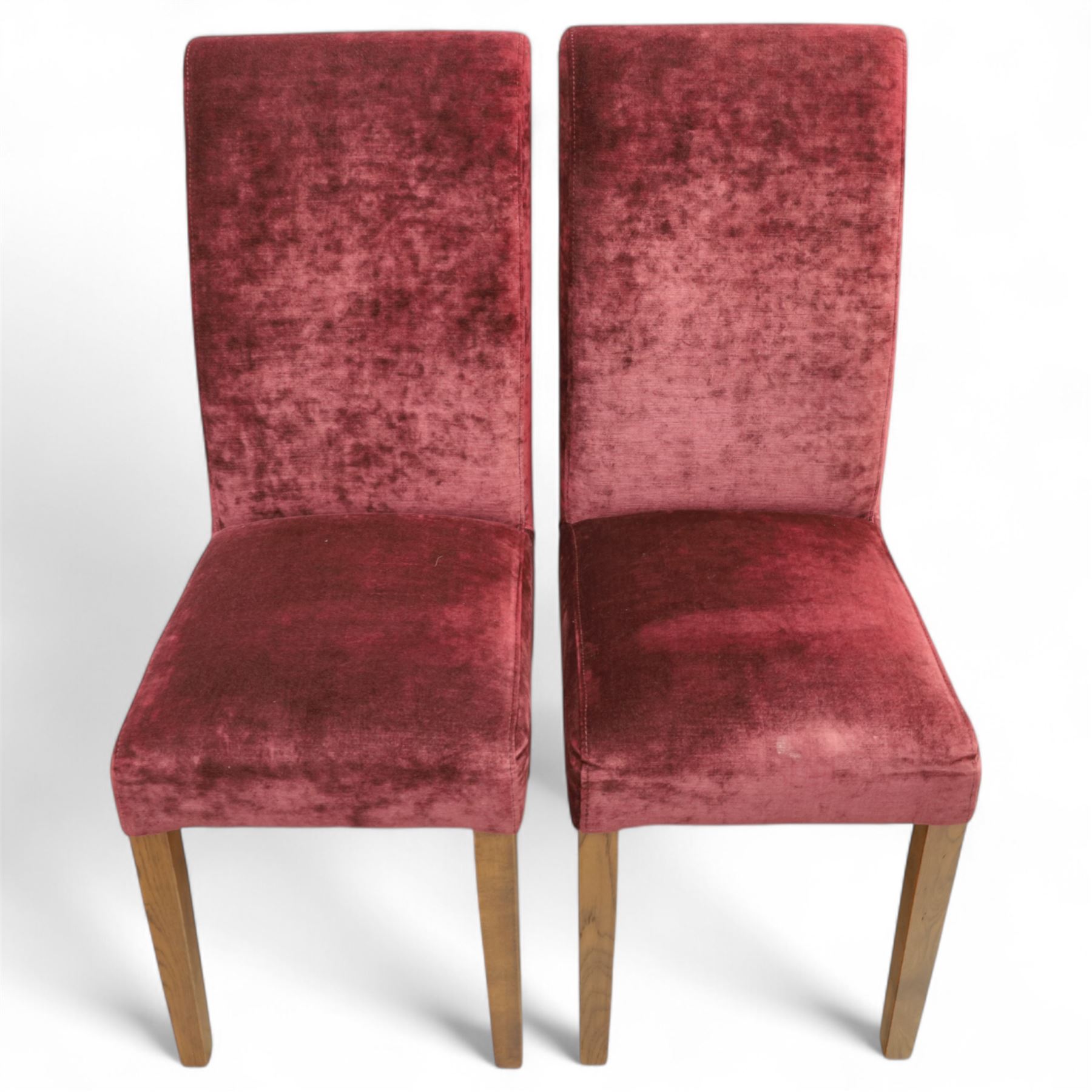 Willis & Gambier - mahogany extending dining table, rectangular top with rounded corners on cabriole legs, with two 35cm extension leaves, four Willis & Gambier upholstered high back chairs and four mahogany chairs, upholstered in a stripped multi-coloured velvet fabric, with scroll-shaped top rail, lyre-shaped back splat on cabriole legs, chairs W46xD91x97cm (11) 
