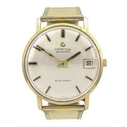 Certina blue ribbon 9ct gold gentleman's automatic presentation wristwatch, with date aperture, London import marks 1973, on expanding gilt strap