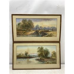 Lennard Lewis (British 1826-1913): Fishing on the River at Sunset with Cattle Nearby, pair watercolours signed and dated 1890, 24cm x 52cm (2)