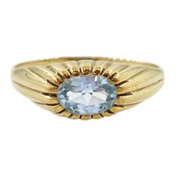 9ct gold single stone oval aquamarine ring, hallmarked