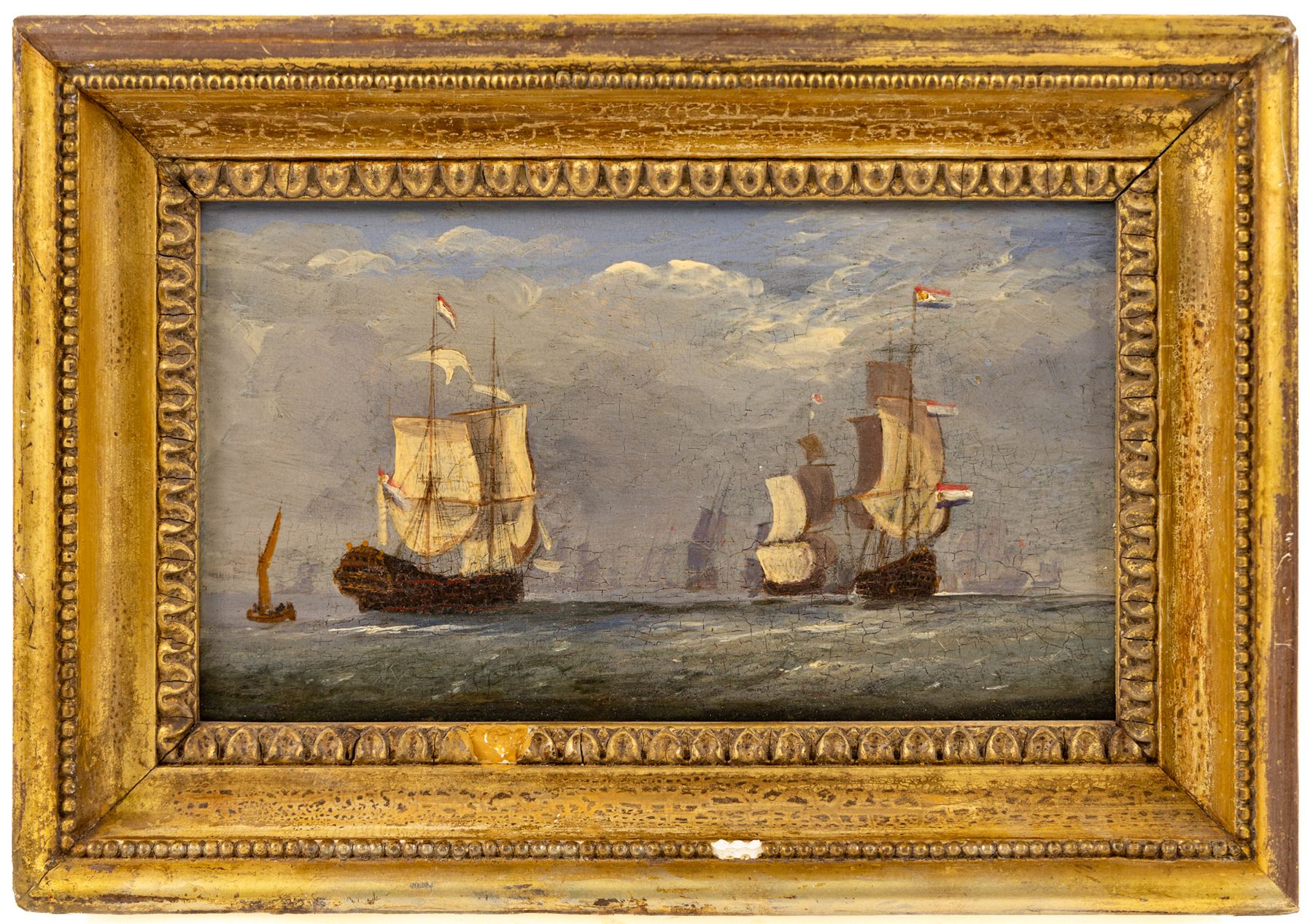 Circle of John Ward of Hull (British 1798-1849): British and Dutch Ships at Sea, pair oils on panel unsigned 13cm x 23cm (2)