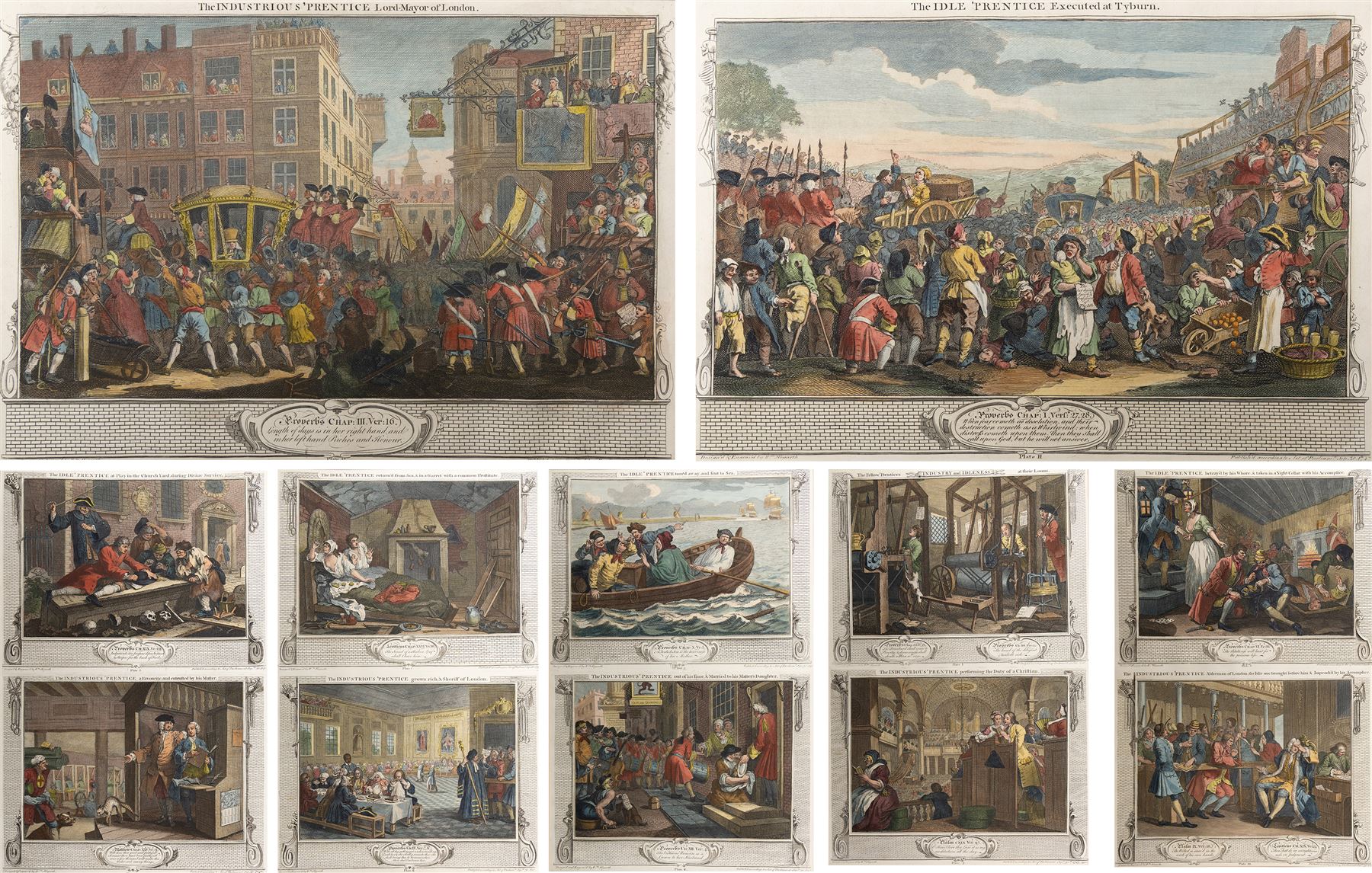 After William Hogarth (British 1697-1764): 'Industry and Idleness' series, complete set of twelve hand-coloured etchings individually titled and dated on the plate 1747, max 53cm x 35cm (7) (unframed)