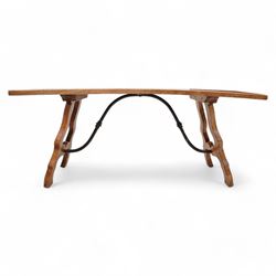 Spanish design hardwood and wrought iron console or side table, parquetry top over splayed shaped end supports united by wrought iron stretcher 