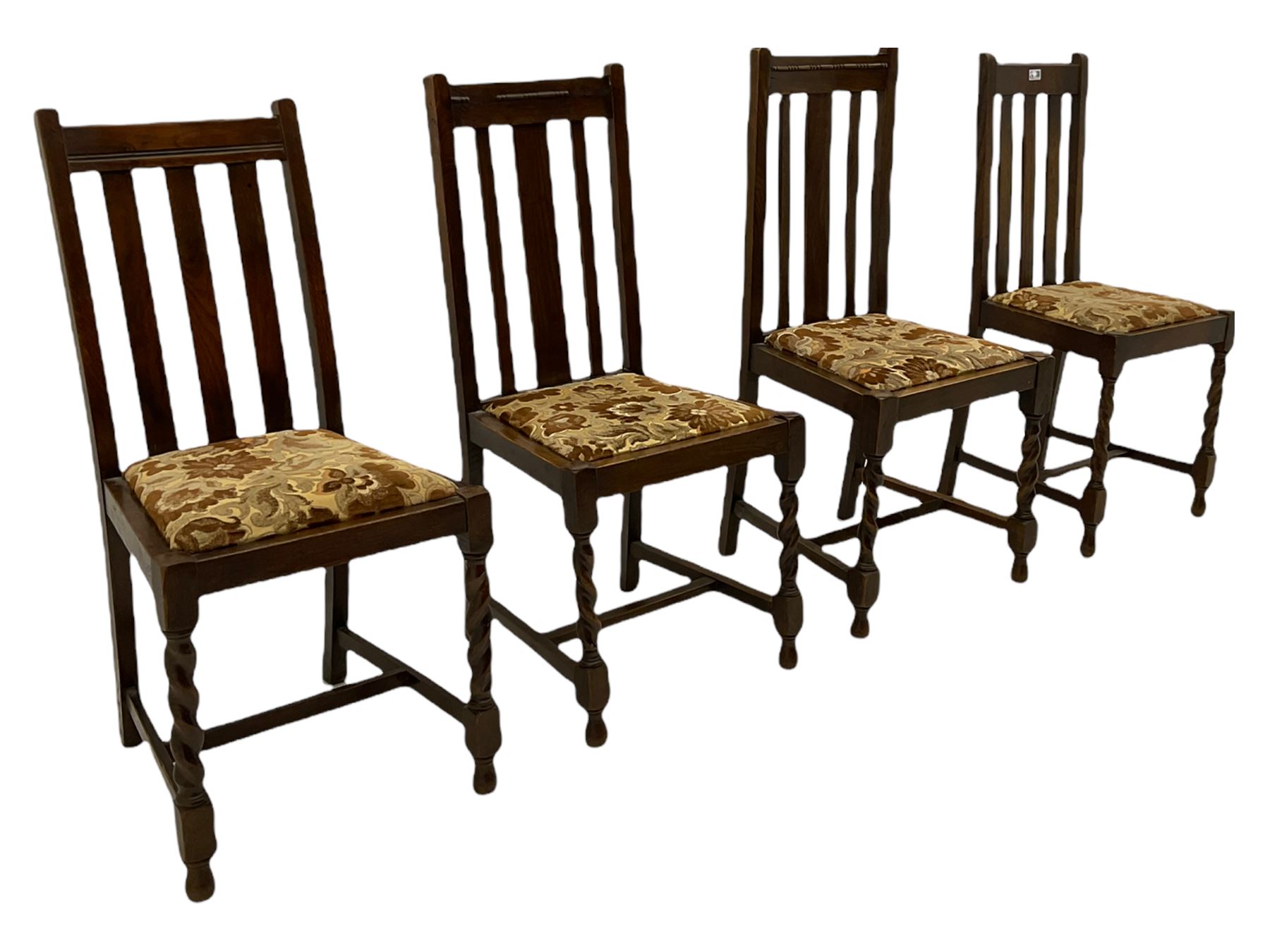 Early 20th century oak barley twist drop leaf dining table (105cm x 154cm, H74cm), and four chairs 