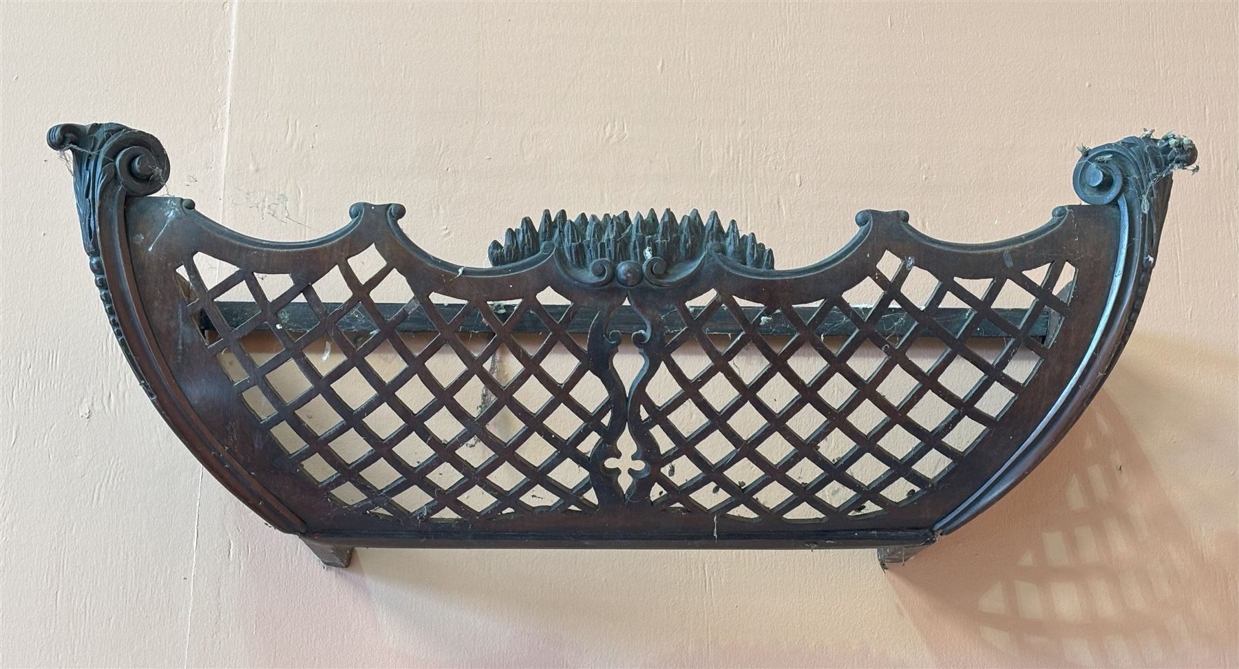 Fine Georgian fret carved mahogany cabinet pediment of cushion form, the latticework panels enclosed by conforming 'C' scrolls and carved acanthus leaves. W78cm, H28cm, D30cm. - COLLECTION BY APPOINTMENT FROM: The White House, Thirsk Road, Easingwold, York, YO61 3NF - CALL 01723 507111 TO ARRANGE